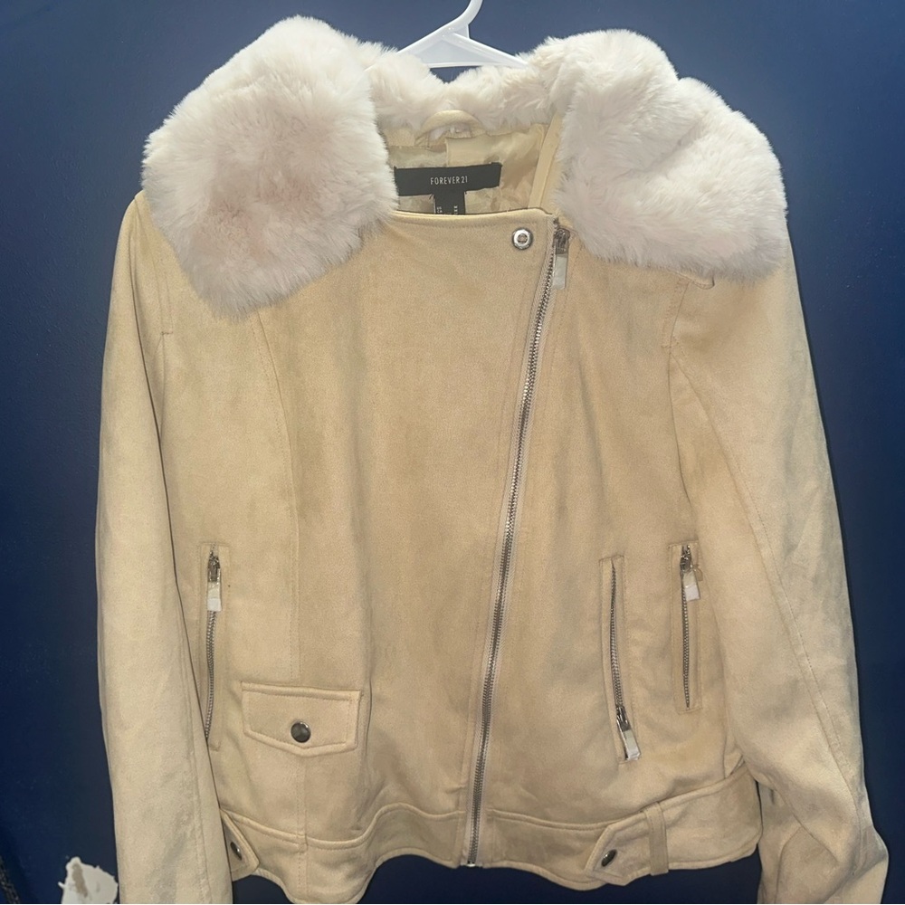 Forever 21 Cream Teddy Jacket with Faux Fur Collar